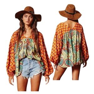 Bucketlist Floral Paisley Abstract Peasant Boho V-Neck Tunic Top Bohemian M